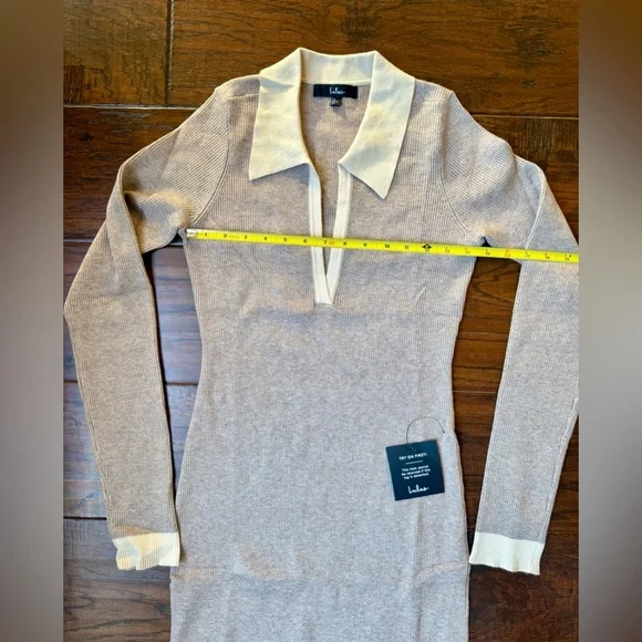 Lulus Taupe Block Midi Sweater Dress Ribbed Knit Collared Midi size L - Picture 7 of 12